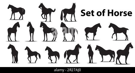 Un ensemble de silhouettes de chevaux et un fond noir et blanc. Illustration de Vecteur