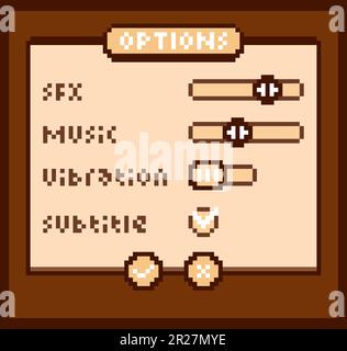 texte pixel 8 bits, menu d'options de jeu. Icône d'arrière-plan pour les ressources de jeu dans les illustrations vectorielles. Illustration de Vecteur