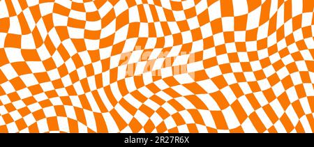 Arrière-plan trippy déformé du damier. Papier peint à carreaux psychédélique rétro orange. Surface de chevêtre ondulée et groovy. Répétition géométrique torsadée. Toile de fond vectorielle abstraite Illustration de Vecteur