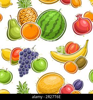 Vecteur fruit sans couture motif, répétition décorative arrière-plan avec des illustrations de variété de compositions de fruits pour l'emballage du papier ou du linge de lit, affiche W Illustration de Vecteur