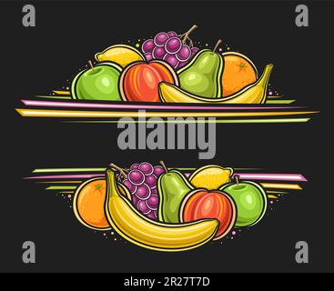 Bordure vectorielle pour les fruits avec espace de copie vide pour le texte publicitaire, mise en page décorative avec illustration de la banane douce entière, fruit mûr de pêche, vert juteux a Illustration de Vecteur