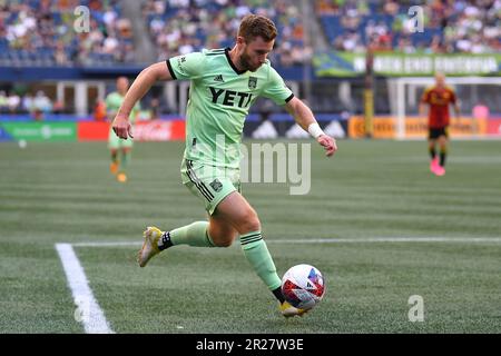 Seattle, WA, États-Unis. 22nd avril 2023. Le FC Austin a fait avancer Jon Gallagher (17) pendant la première moitié du match de football MLS entre le FC Austin et le FC Seattle Sounders au Lumen Field à Seattle, WA. Steve Faber/CSM/Alamy Live News Banque D'Images