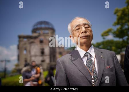 Hiroshima, Japon. 15th mai 2023. Kunihiko Iida, survivant de l'attentat à la bombe atomique d'Hiroshima, enregistré lors d'une interview avant le début du Sommet de G7 à Hiroshima. Du 19-21 mai, le Sommet de G7 se tiendra au Japon. Le 'Groupe des sept' (G7) est une alliance informelle des nations industrialisées les plus importantes. Les membres sont l'Allemagne, la France, la Grande-Bretagne, l'Italie, le Japon, Canada et États-Unis. Credit: Michael Kappeller/dpa/Alay Live News Banque D'Images