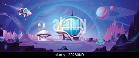 Construction de la station spatiale sur paysage de vecteur de planète. Vaisseau spatial futuriste sur fond de dessin animé de la base de la ville de Mars. Colonie extraterrestre dans le cosmos avec mission d'exploration et bannière de jeu d'aventure de recherche Illustration de Vecteur