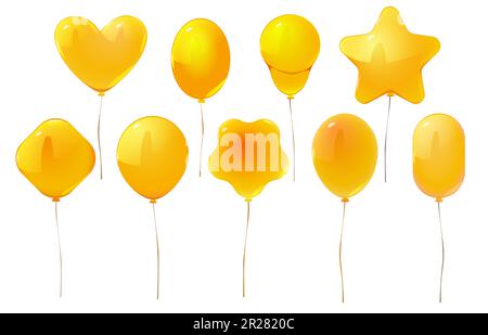 Ensemble de ballons de fête de dessin animé jaune isolé de vecteur. Fête d'anniversaire avec pack icône ballon. carnival décoration gonflable sur une chaîne d'éléments différents sur fond blanc. Décoration coeur et étoiles Illustration de Vecteur