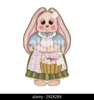 Mignon lapin de pâques et panier d'œufs clipart. Aquarelle lapin de Pâques et panier d'œufs illustration isolée sur fond blanc. Cartes de Pâques. Banque D'Images