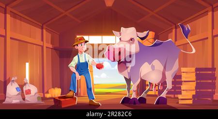 Homme fermier avec vache dans la grange dessin animé illustration de vecteur. Village agricole et jeune garçon nourrissent de pomme le bétail. Personnage de la profession paysanne dans la scène de jeu de baryard avec paysage de campagne Illustration de Vecteur