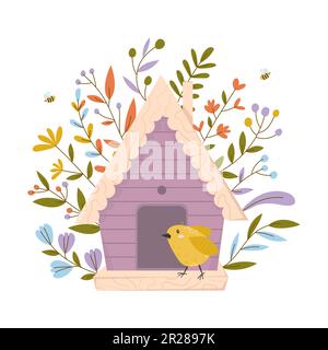 Maison d'oiseaux en bois colorée avec petits oiseaux. Illustration de Vecteur