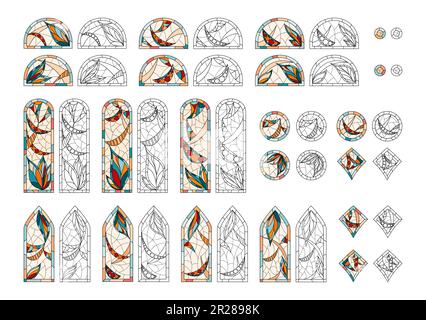 Coloration de vitraux dans une église. Ensemble de différentes formes de fenêtres dessinant dans un style. Illustration de Vecteur