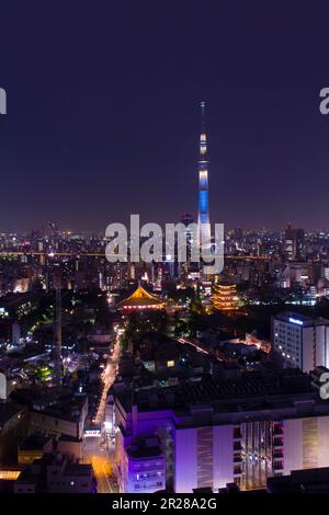 Tokyo Sky Tree de près (à la mode) et les rues d'Asakusa vue verticale Banque D'Images