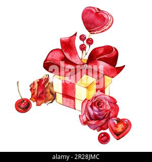 Aquarelle Saint-Valentin, motif floral fantaisie et bordure douce. Boho romantique beige et roses roses, coeurs, arcs, macarons, bonbons design. Symboles d'amour Banque D'Images