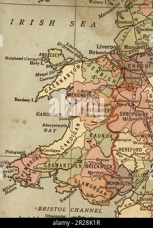 Carte politique vintage du pays de Galles, Royaume-Uni en sépia. Banque D'Images