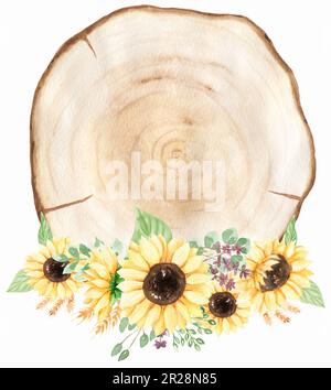 Tournesol et tranche de bois Wreath Clipart, Watercolor Meadow fleurs et bannière en bois cadre, illustration rustique, invitations de mariage, douche de bébé, logo Banque D'Images