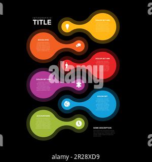 Modèle d'étapes de progression verticale sombre vectoriel composé de six formes de cercle avec descriptions et icônes et chronologie colorée de l'arc-en-ciel. Chronologie sombre avec Illustration de Vecteur