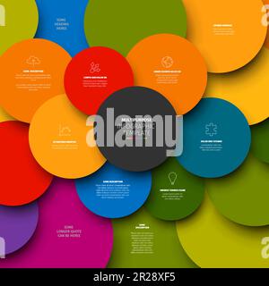 Modèle de rapport graphique vectoriel minimaliste en couleurs fraîches avec mosaïque de cercle remplie de diverses informations, icônes et nombres. Simple 3D réaliste Illustration de Vecteur