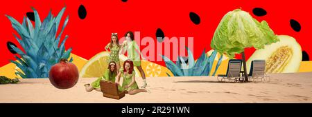 Collage d'art contemporain. Quatre belles, élégantes, jeunes femmes au pique-nique sur fond abstrait avec des fruits et des légumes Banque D'Images