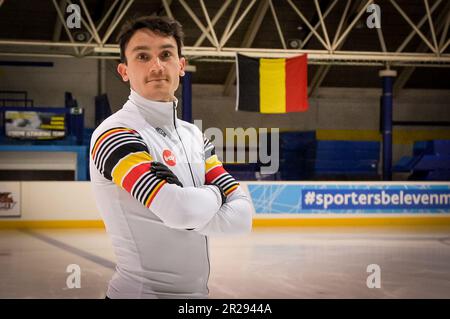 Hasselt, Belgique. 18th mai 2023. Stijn Desmet, patineuse belge à courte piste, pose pour le photographe lors d'une session de formation des patineurs belges à courte piste à Hasselt, le jeudi 18 mai 2023. BELGA PHOTO JILL DELSAUX crédit: Belga News Agency/Alay Live News Banque D'Images