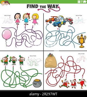 Dessin animé illustration de trouver la façon labyrinthe jeux de puzzle ensemble avec des personnages comiques drôles Illustration de Vecteur