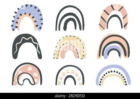Symboles arc-en-ciel, adorable jeu d'icônes dessinées à la main, pictogramme de trait de pinceau à encre noire Doodle, dessin animé décoratif style puéril, couleur boho pastel Illustration de Vecteur
