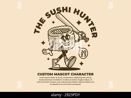 Motif mascotte composé d'un rouleau de sushi de style vintage Illustration de Vecteur