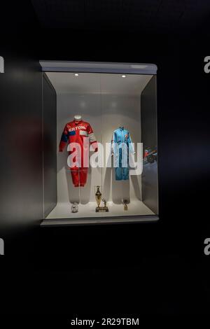 Premiers kits utilisés et trophées remportés par Fernando Alonso en tant qu'enfant en compétition dans les karts. Photo prise au circuit et musée Fernando Alonso en Espagne sur M Banque D'Images