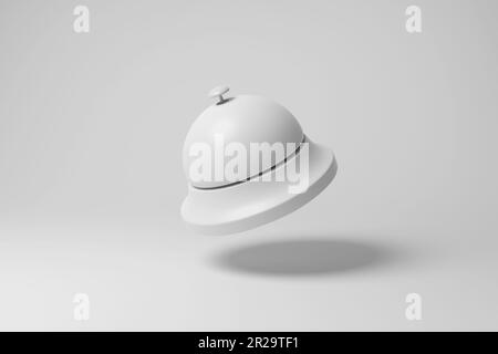 Cloche de service blanche flottant en plein air avec ombre en monochrome. Illustration du concept minimaliste des restaurants et de l'hospitalité Banque D'Images