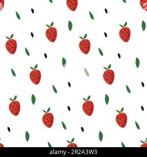 Motif fraise sans couture avec feuilles vertes sur fond blanc. Illustration de Vecteur