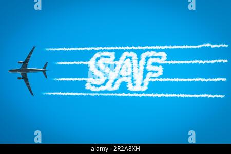 L'avion quitte le jet contrentre avec le mot SAF à l'intérieur. Concept de combustible aviation durable, économie circulaire et émissions nettes de 0 CO2 Banque D'Images