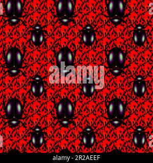 motif sans couture d'un scarabée, insecte vecteur de couleur noire brillante isolé sur un fond floral rouge vif Illustration de Vecteur