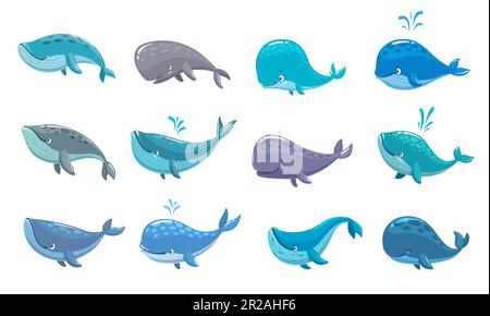 Personnages de baleines. Animaux marins à vecteur isolé, créatures de mammifères marins avec fontaines d'eau. Sympathique personnage aquatique, de sperme et de baleine boréale pour la conception de jeux. Biodiversité, nature faune Illustration de Vecteur