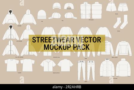 Streetwear Vector Mockup Pack Vector Apparel Mockup Collection Fashion Illustrator Vector Tech Pack Illustration de Vecteur