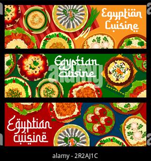 Restaurant de cuisine égyptienne banderoles, plats et repas de l'Egypte, Vector. Nourriture égyptienne couscous et riz pilaf avec agneau, soupe de shurba al-lmma avec boulettes de viande et megadara avec lentilles ou poulet Illustration de Vecteur