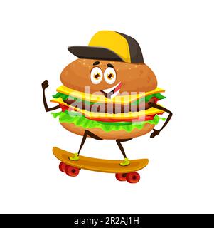 Personnage de cheeseburger de dessin animé sur planche à roulettes, personnage de vecteur de skateboarder de fast food mignon. Un sandwich émoiji souriant avec du fromage, du jambon, un pain et un chapeau sur un skateboard Illustration de Vecteur