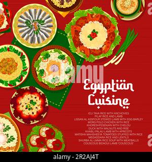 Le menu de la cuisine égyptienne est couvert, les plats et les repas de l'Égypte, le restaurant Vector affiche. Cuisine égyptienne nourriture traditionnelle de l'orge couscous, riz pilaf avec agneau et poulet, lentilles et anchois Illustration de Vecteur