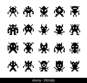 Pixel monstres, personnages de jeu d'arcade. Ensemble de vecteurs isolés de créatures drôles dans le style pixel art. Silhouettes graphiques vintage 8 bits. Icônes de jeux vidéo rétro. Noir extraterrestres simples sur fond blanc Illustration de Vecteur