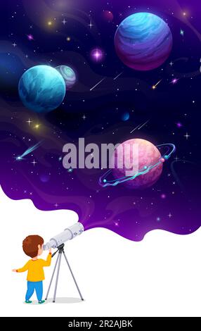 Jeune enfant avec télescope. Paysage de l'espace de dessin animé sur le ciel. Scène vectorielle avec petit garçon observe cosmos, avec des planètes, des étoiles, et des comètes remplir la vue explorer la galaxie avec émerveillement et étonnement Illustration de Vecteur