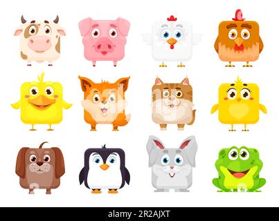 Dessins animés kawaii carrés animaux visages d'animaux de compagnie mignons. Vecteur kawaii sourire visages de bébé chat, lapin et porc, heureux personnages d'animal de bande dessinée avec sourire, faire Illustration de Vecteur