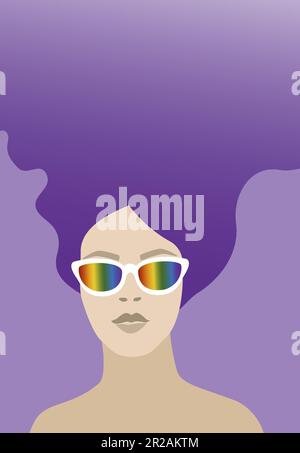 Personne avec des lunettes de soleil de couleur arc-en-ciel et des cheveux longs violets. Illustration pour le mois de fierté ou l'arrière-plan de l'affiche LGBTQ. Illustration de Vecteur