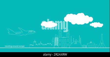 Art de ligne de bâtiments et monuments célèbres en Europe. Voyage, tourisme, thème de vacances Illustration de Vecteur