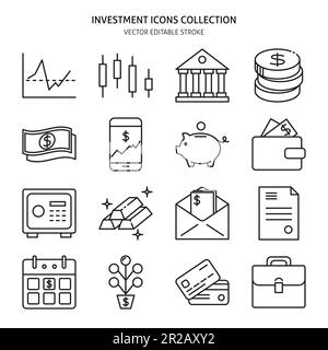 Icône Finance et argent en style de ligne. Symboles des activités bancaires et d'investissement isolés sur fond blanc. Illustration vectorielle avec St modifiable Illustration de Vecteur