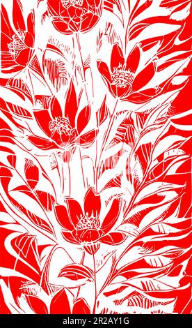 contour graphique rouge dessin d'un bouquet de fleurs sur fond blanc, dessin Banque D'Images