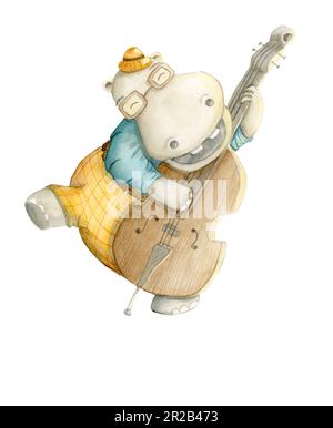 Hippo jouant du violoncelle - aquarelle illustration peinte à la main Banque D'Images