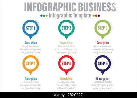 Infographies vectorielles ou chronogramme cartes à six cercles reliées par des flèches. Concept commercial de 6 étapes. Modèle de conception pour diagramme, Web, bannière, flux de travail Illustration de Vecteur