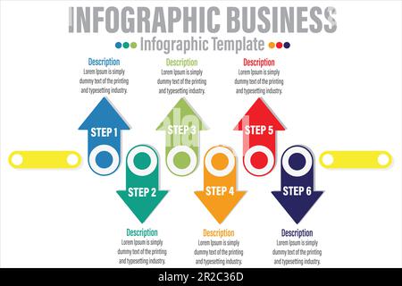 Six 6 étapes fléchées forment des éléments avec des étapes, des options, des processus ou un flux de travail.Visualisation des données d'entreprise.modèle d'infographie d'étape créative pour p Illustration de Vecteur