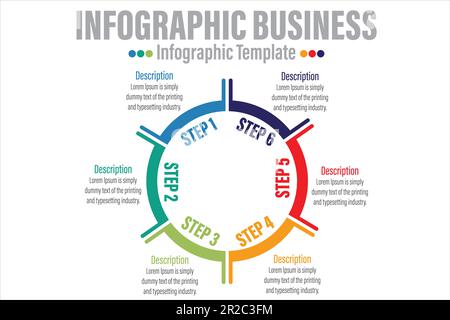 Modèle de diagramme circulaire avec six étapes, six options 6, six éléments 6, modèle d'infographie pour le Web, les entreprises, les présentations Illustration de Vecteur