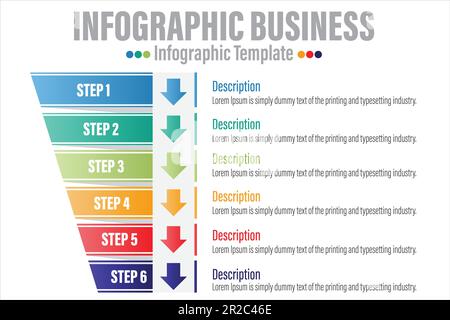 Infographie concept de diagramme en entonnoir pour la présentation des diapositives avec six 6 étapes, six 6 options, six 6 points et des entonnoirs qui forment la direction du cône de la pyramide Illustration de Vecteur