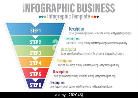 Infographie concept de diagramme en entonnoir pour la présentation des diapositives avec six 6 étapes, six 6 options, six 6 points et des entonnoirs qui forment la direction du cône de la pyramide Illustration de Vecteur