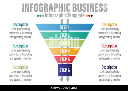 Infographie concept de diagramme en entonnoir pour la présentation des diapositives avec six 6 étapes, six 6 options, six 6 points et des entonnoirs qui forment la direction du cône de la pyramide Illustration de Vecteur