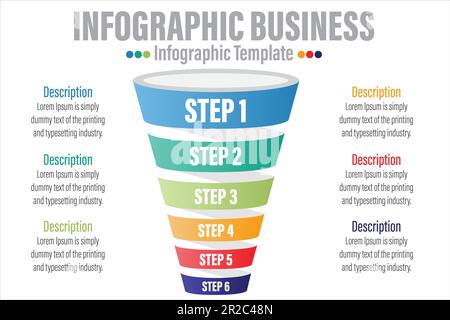 Infographie concept de diagramme en entonnoir pour la présentation des diapositives avec six 6 étapes, six 6 options, six 6 points et des entonnoirs qui forment la direction du cône de la pyramide Illustration de Vecteur
