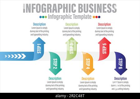 Flèches de modèle d'infographie de vecteur de feuille de route pour six étiquettes, diagrammes, graphiques et présentations papier. Business concept avec 6 options. Espace vide pour le contenu Illustration de Vecteur